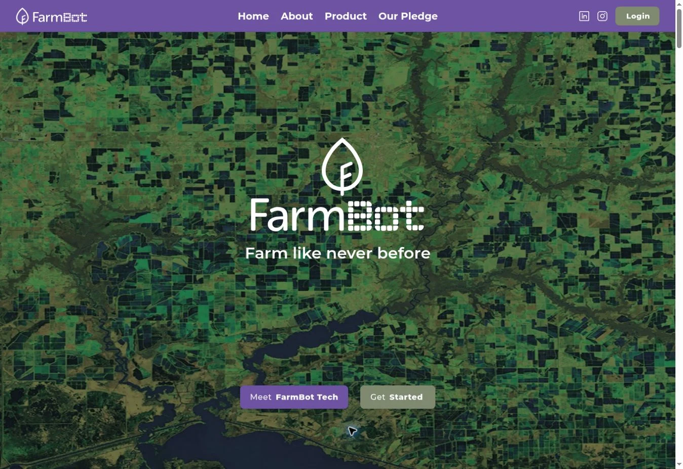 FarmBot Tech public website with Login and Get Started links